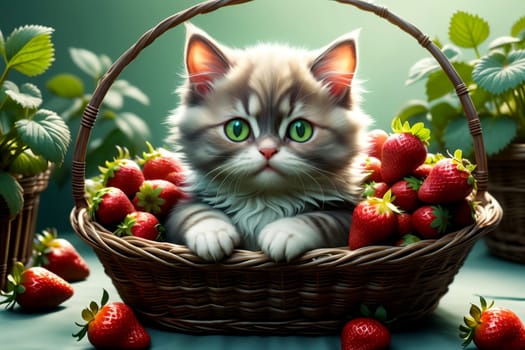 Ripe juicy red strawberries in a basket and a kitten .