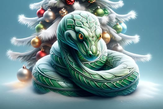 Forest green snake, Christmas tree with balls. New Year card . AI generated image.