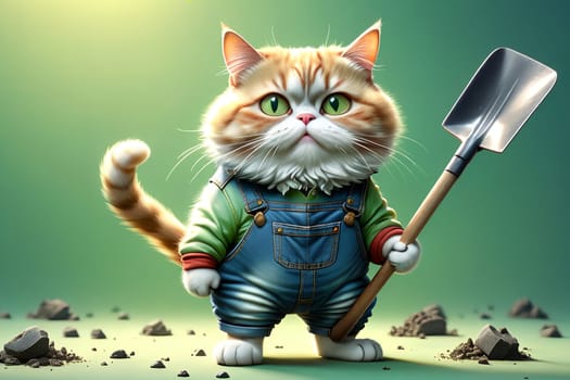 cat with a shovel isolated on a light green background . AI generated image.