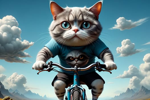athlete cat rides a bicycle. AI generated image.