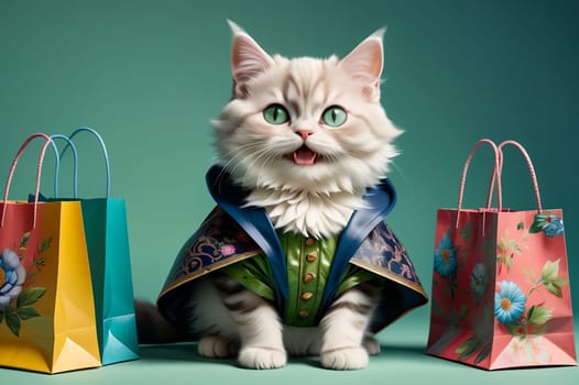 fashionable cat with shopping. AI generated image.