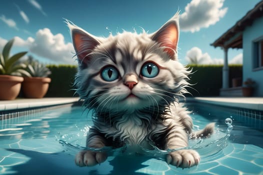 Happy cat swims in the pool near the house. AI generated image.