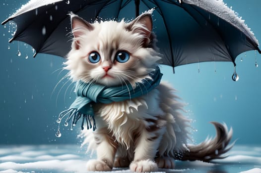 kitten sits under an umbrella, it is raining, snowing. AI generated image.