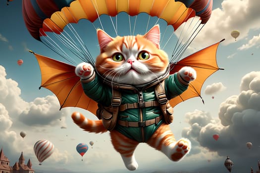 red cat in a jacket flies in the sky, parachuting, playing sports . AI generated image.