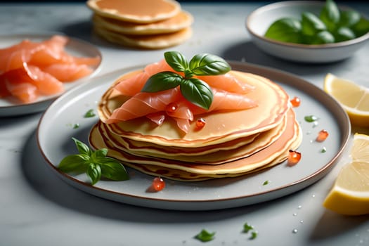 thin pancakes with lightly salted red fish . AI generated image.