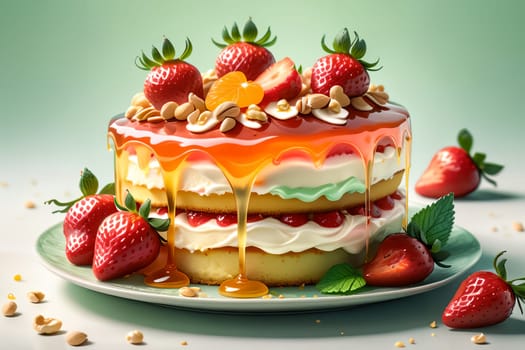 fruit cake with strawberry cream, nuts, tangerines isolated on a light green background