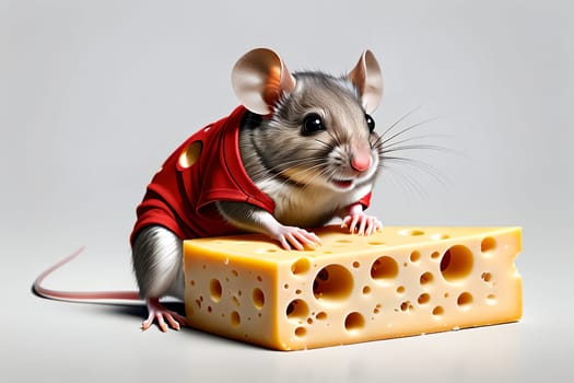 cute gray mouse with delicious cheese . AI generated image.