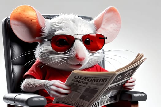 Gray mouse reading a newspaper wearing glasses, isolated on a white background