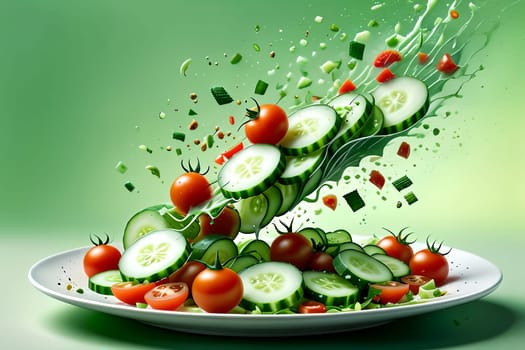 fresh salad with cucumbers and tomato pieces fly in the air above the plate. Oil splashes.