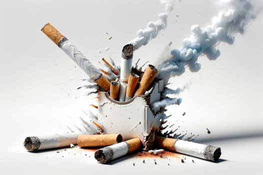 broken cigarettes, all in smoke. Smoking is harmful to health.