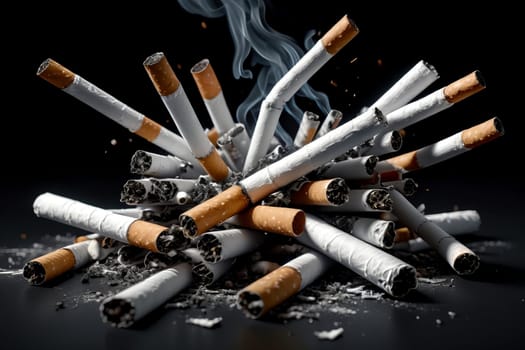 broken cigarettes, all in smoke. Smoking is harmful to health.