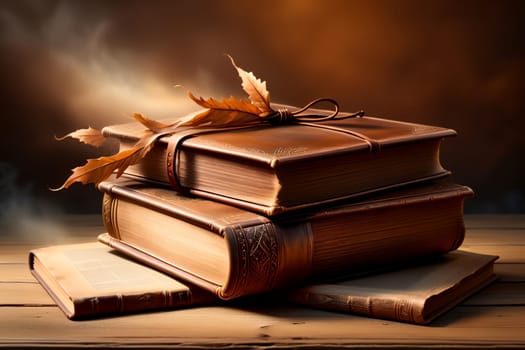 old leather bound books isolated on brown background