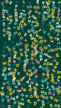 Falling letters of English language. Pastel flying words of Latin alphabet. Foreign languages study concept. Pretty back to school banner on blackboard background.