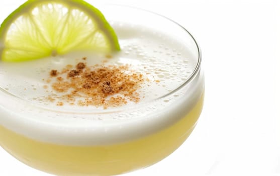 Close up of pisco sour cocktail drink isolated on white background.