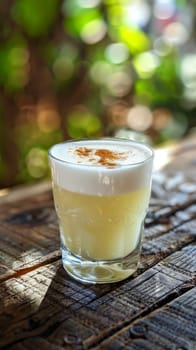 A glass of pisco sour with sits on a wooden table outdoors with hot weather.