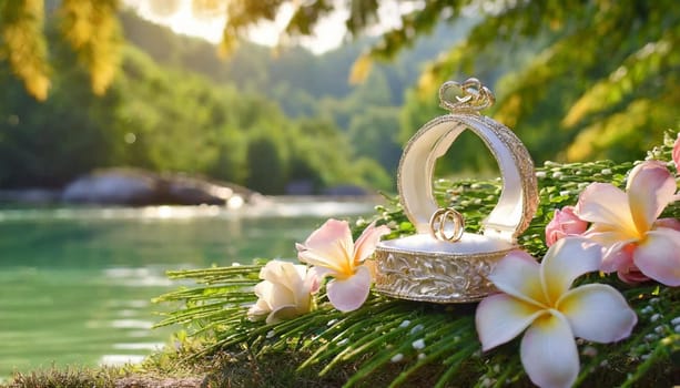 Tropical wedding nature background with frangipani flowers, gold rings in the box on the grass. High quality photo