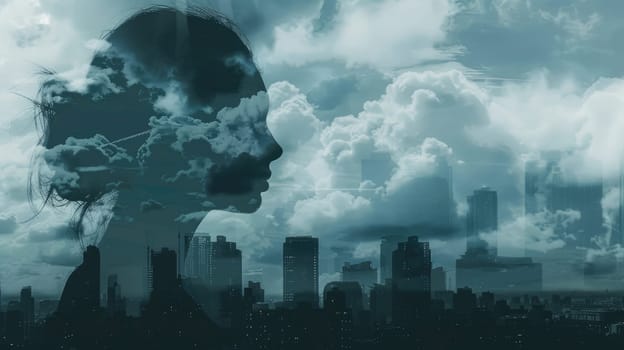 Double exposure. Woman silhouette is shown in a cityscape with a cloudy sky AI