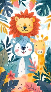 A happy lion, giraffe, monkey, and bear with colorful facial expressions are standing next to each other in the jungle, surrounded by lush plants and vibrant yellow textilewrapped walls