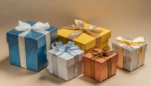 Colorful Pile of gift boxes for celebration holiday, anniversary or wedding on a gold background, backdrop template. High quality photo