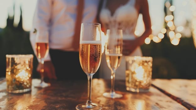 Glasses of champagne in the foreground. Wedding at sunset, blurred background AI