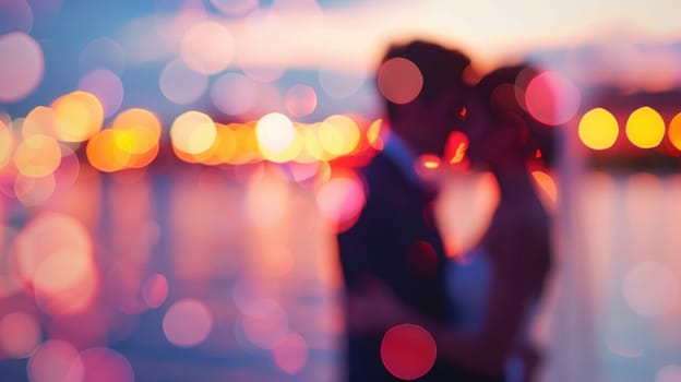 Happy bride and groom hugging on a yacht. Wedding on a yacht. Blurred background at sunset AI