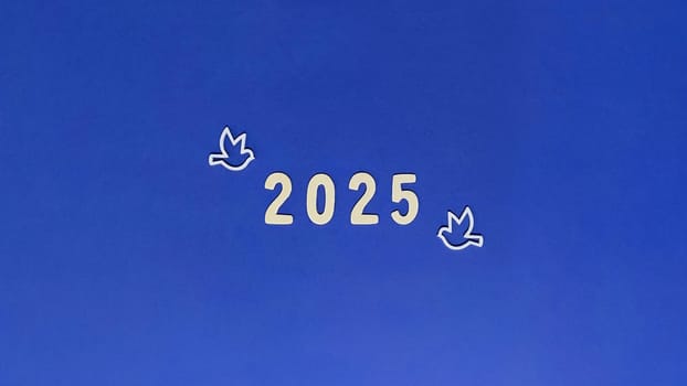 A blue rectangle with the number 2025, three birds flying in the sky, on an electric blue background. The design is modern and eyecatching, perfect for a brand logo