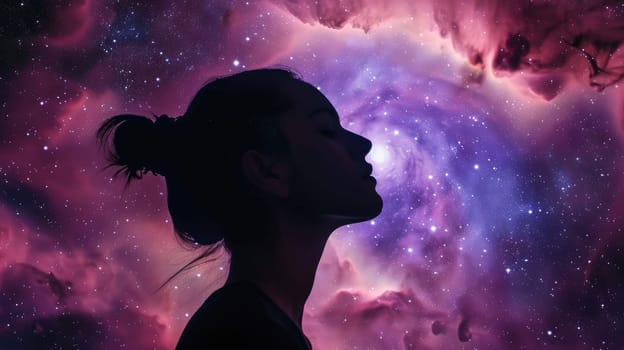 Silhouette of a woman on a background of space, the concept of esotericism and meditation AI