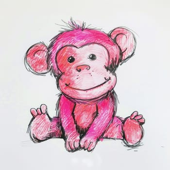 Drawing of a monkey made with a pink water marker on paper AI