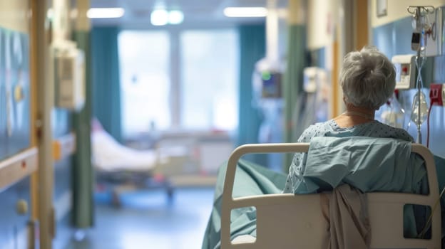 Figure of sitting patient on a hospital bed. Patient sitting on bed in hospital ward AI