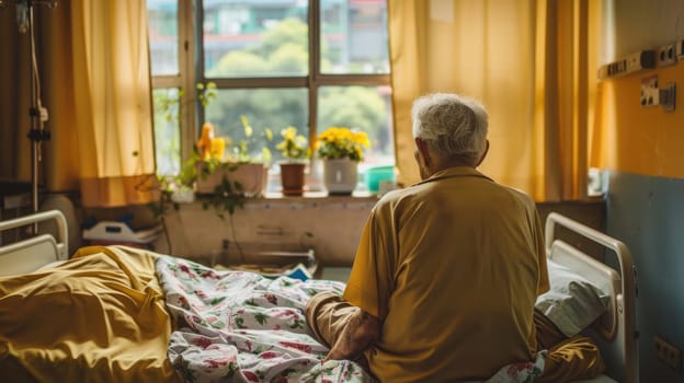 Figure of sitting patient on a hospital bed. Patient sitting on bed in hospital ward AI