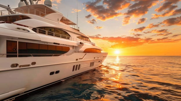 The edge of the yacht against the backdrop of the sea and a blurry sunset. Sea travel concept AI