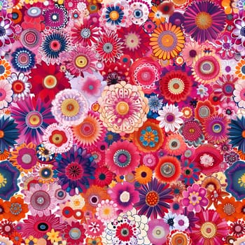A creative arts piece with a pattern of colorful flowers, including vibrant electric blue, magenta, and pink petals, set against a clean white background