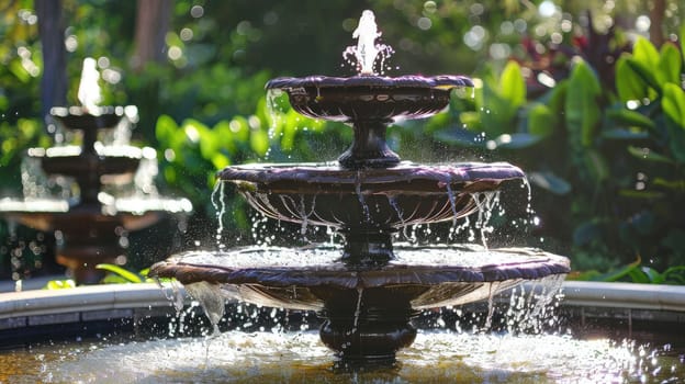 Detail of an old classic style stone fountain with flowing water. Decorative fountains and water decorations AI