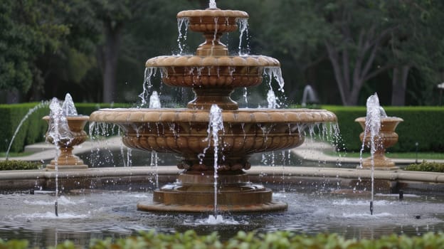 Detail of an old classic style stone fountain. Decorative fountains and water decorations AI