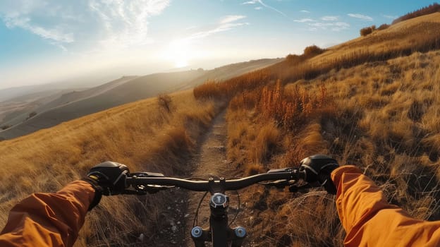 Descent from the hill on bicycle. First person view. Mountain bike ride AI