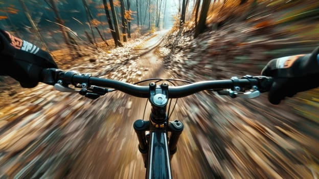 Descent from the hill on bicycle. First person view. Mountain bike ride AI