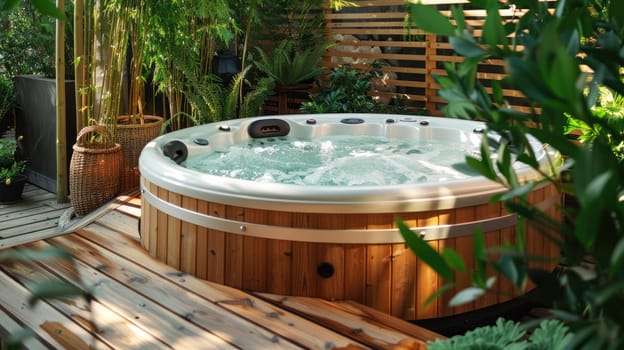 Outdoor jacuzzi pool with fresh blue water for massage and spa AI