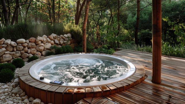 Outdoor jacuzzi pool with fresh blue water for massage and spa AI