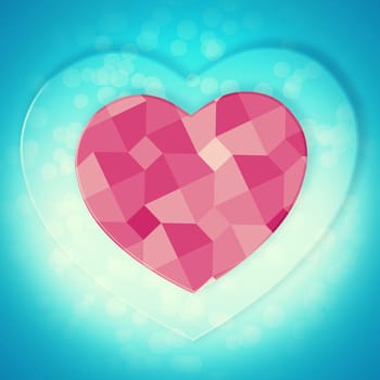 Graphic, pixel and hearts for symbol of love for support, emotional connection and pink artwork. Blue background, creative or illustration wallpaper isolated in studio for care, design or romance.
