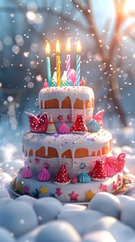 A pink birthday cake with candles is sitting in the snow, decorated with intricate designs. The cake is a sugary masterpiece, perfect for any celebration