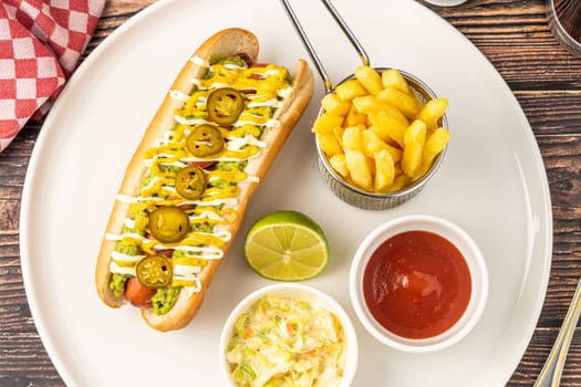 Delicious hot dog sandwich with sauces and fries on the side