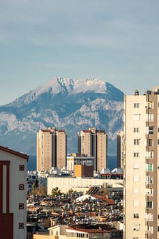 Snowy mountain peak visible through city buildings on a sunny day