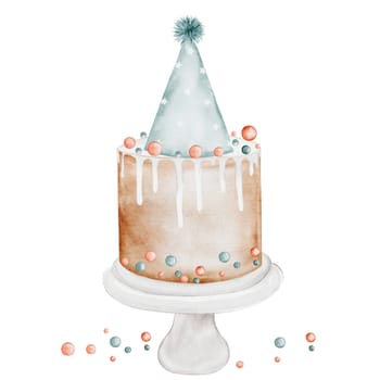 Birthday cake watercolor. Watercolor vintage illustration of a holiday pie. Clip art isolated on white background sweet pastries. Ideal for designing baby shower and birthday cards and invitations. High quality photo