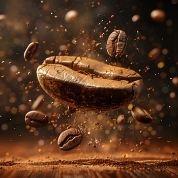A coffee bean is being propelled through the air and appears frozen in motion on a wooden table. The closeup image showcases the beans texture and shape in a stunning display of macro photography