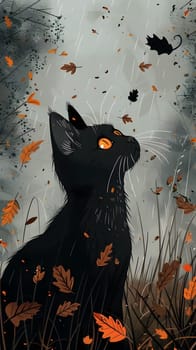A small to mediumsized Felidae, carnivore with whiskers and fur, painted in an art piece, sits in the grass surrounded by leaves, with orange eyes gazing at the water