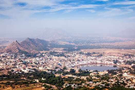 Holy city Pushkar aerial view from Savitri temple. Rajasthan, India