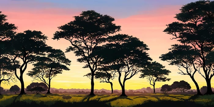 Silhouettes of trees or birds in the distance, subtly outlined against the vibrant sunset sky.