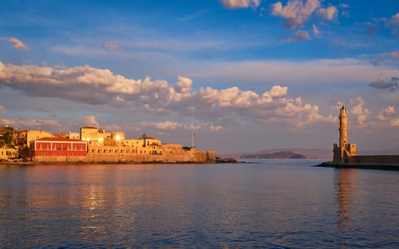 Panorama of picturesque old port of Chania is one of landmarks and tourist destinations of Crete island in the morning on sunrise. Chania, Crete, Greece