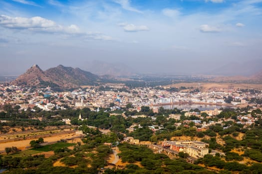 Holy city Pushkar aerial view from Savitri temple. Rajasthan, India