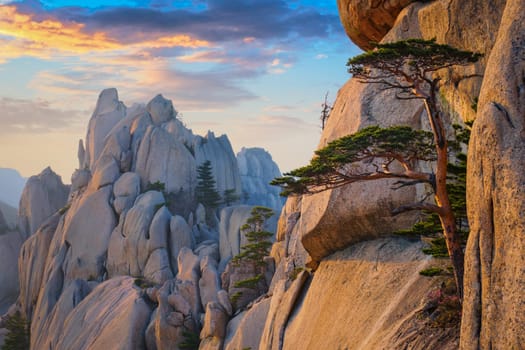 View of stones and rock formations from Ulsanbawi rock peak on sunset. Seoraksan National Park, South Corea